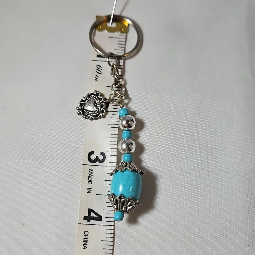 Elegant Turquoise Stone Silver Heart Keychain Keyring Handmade